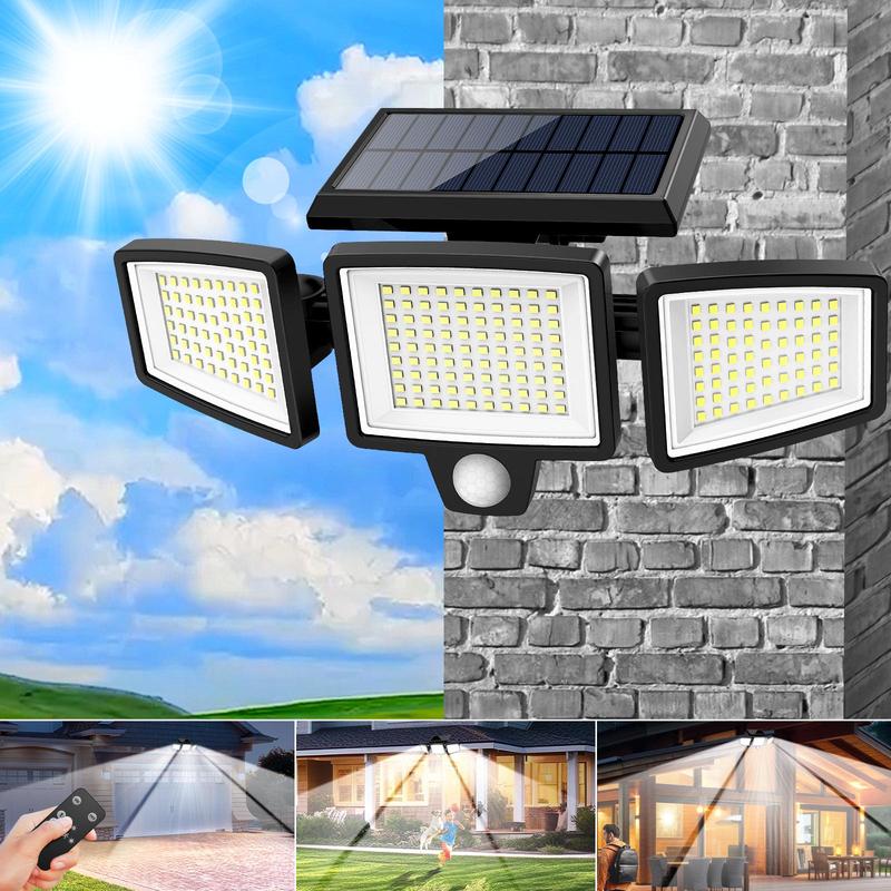 Tuffenough Solar Outdoor Lights 2500LM 210 LED Security Lights with Remote Control,3 Heads Motion Sensor Lights, IP65 Waterproof,270° Wide Angle Flood Wall Lights with 3 Modes(1 Packs)