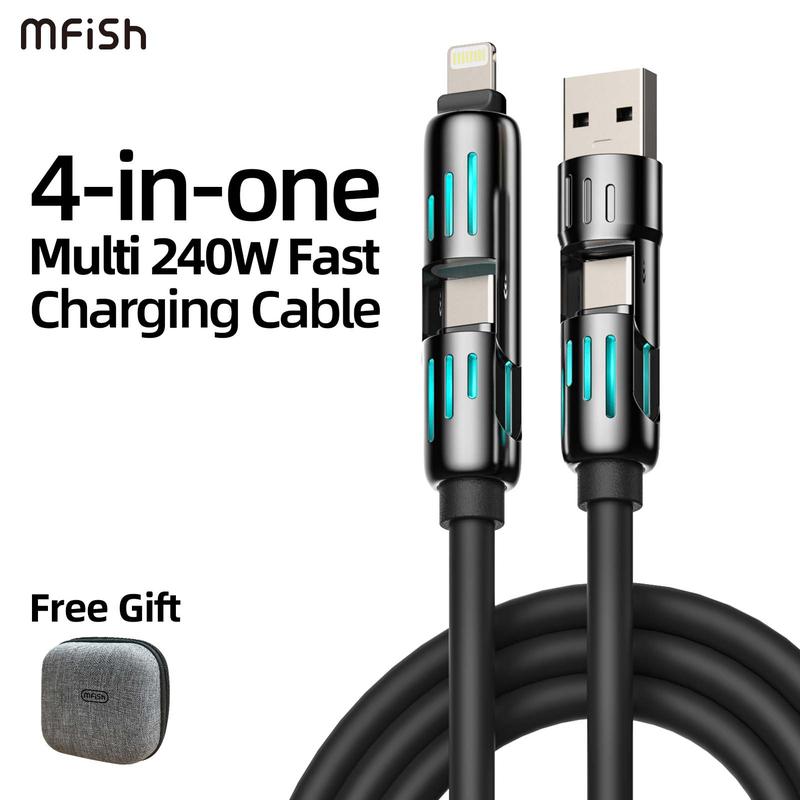 MFish 4-in-1 Multi USB Charging Cable with USB A,Type C, Lightning -MAX 240W Fast Charging & Data Sync for iPhone 16/15, iPad Pro, Samsung & Laptops